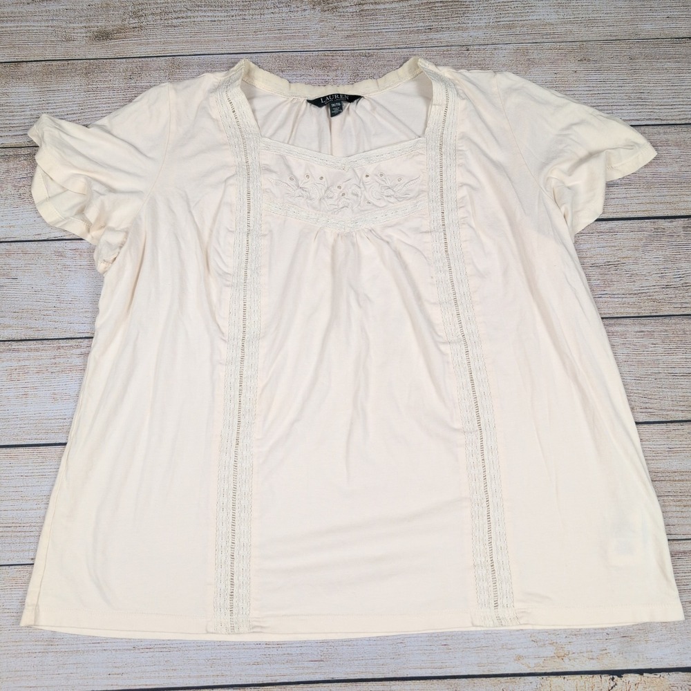 Lauren Ralph Lauren Cream Embroidered Square Neck Top‎ 1X | Boho cottagecore